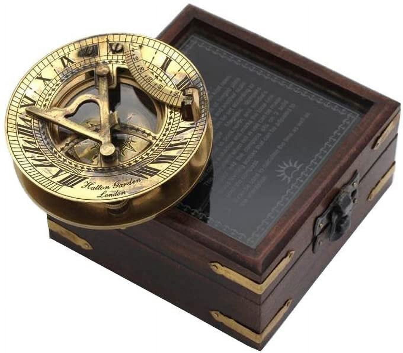 Brass Sundial Compass with Wooden Box| Antique Push Button Sundial Compass with Beautiful Chain| Beautiful Handmade Pocket Sundial Gift for Son - Antique Style Sundial Brass Sundial Compass with Wooden Box| Antique Push Button Sundial Compass with Beautiful Chain| Beautiful Handmade Pocket Sundial Gift for Son - Antique Style Sundial