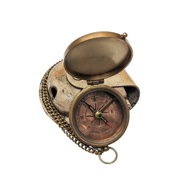 Brass Pocket Travel Compass Chain Leather Belt Loop Pouch Steampunk Clothing Accessory Hiking Gear