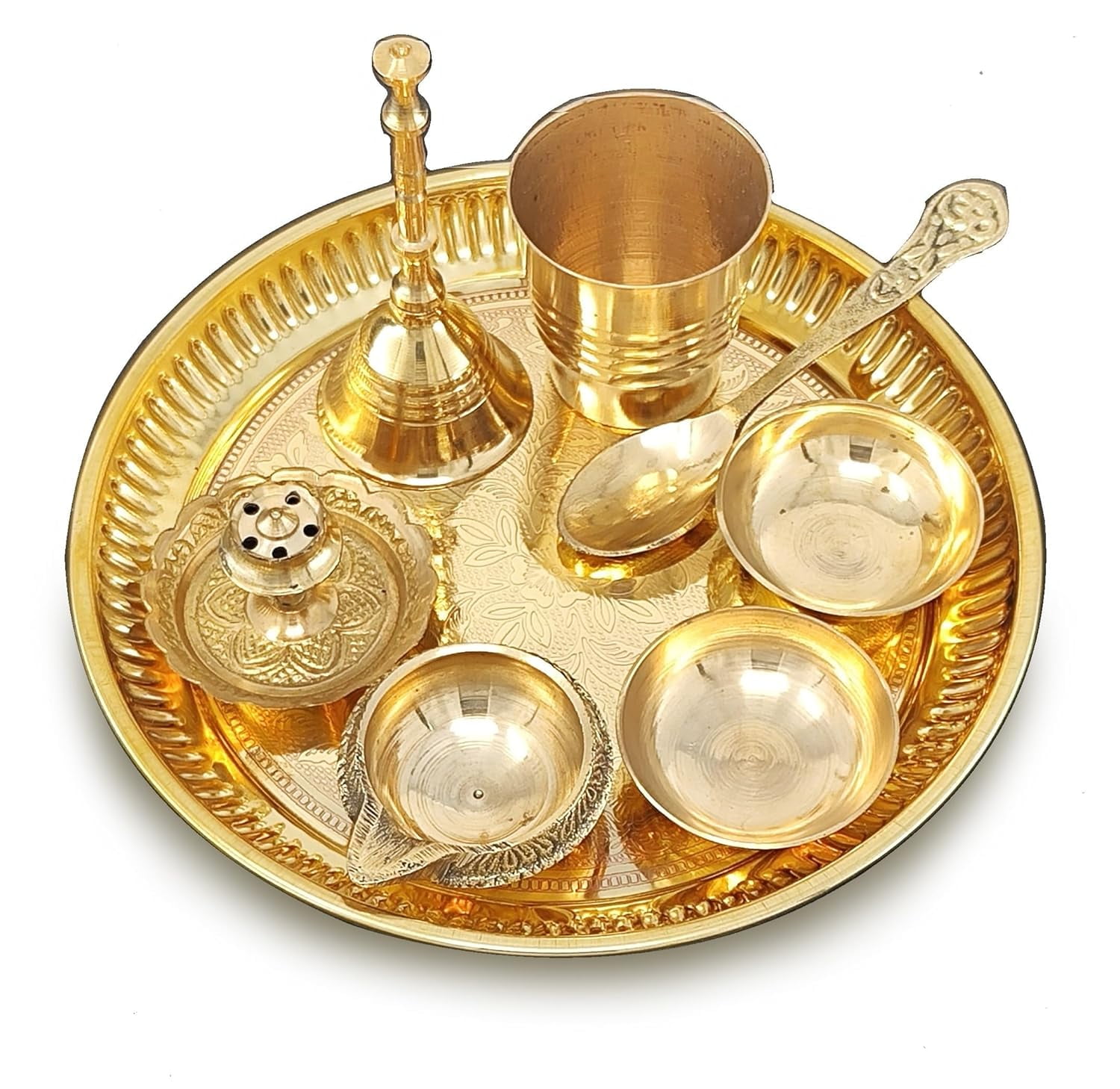Brass Pooja Thali Set 6 Inch Puja Thali with Pital Plate Glass Chandan Wati Dhup Dan Kuber Deep Ghanti Spoon Arti Thali for Diwali Home Office Mandir Wedding Return Gift Items