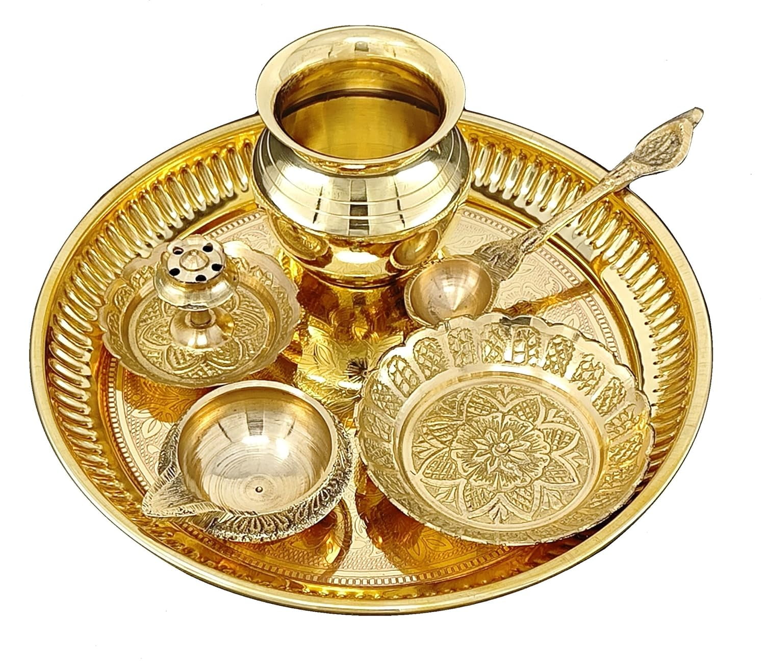 Brass Pooja Thali Set 6 Inch Puja Thali with Pital Plate, Kalash, Kuber Diya, Dhoop Dan, Palli & Kangura Plate Arti Thali for Diwali, Mandir, Home, Office, Wedding & Gifts