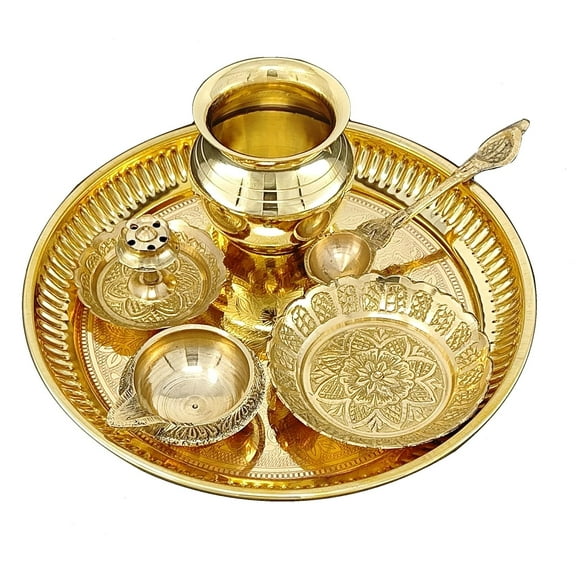 Brass Pooja Thali Set 6 Inch Puja Thali with Pital Plate, Kalash, Kuber Diya, Dhoop Dan, Palli & Kangura Plate Arti Thali for Diwali, Mandir, Home, Office, Wedding & Gifts