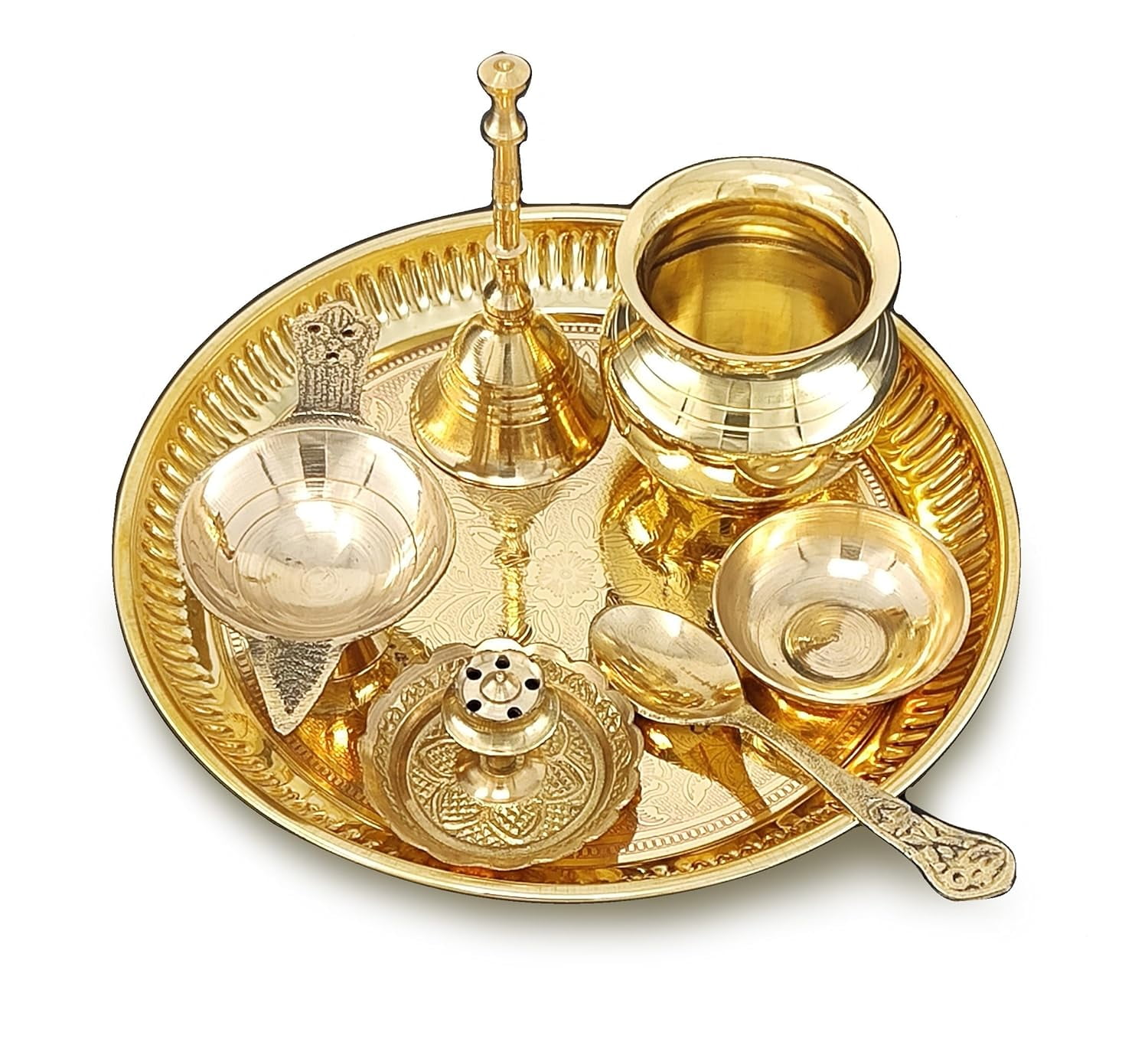 Brass Pooja Thali Set 6 Inch Traditional Pital Puja Plate with Kalash, Spoon, Diya, Ghanti, Dhup Dan & Chandan Wati | Arti Thali for Diwali, Home, Office, Mandir | Wedding & Return Gift Item