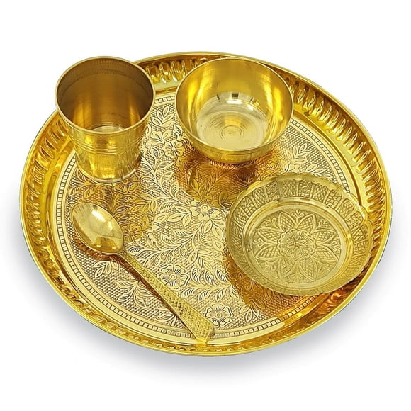 Brass Pooja Thali Set 8 Inch Puja Thali with Pital Plate and Accessories Arti Thali for Diwali Home Office Mandir Wedding Return Gift Items