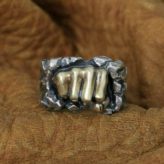 Brass Powerful Fist Breaking Stone 925 Sterling Silver Ring Biker Punk Jewelry TA77B US Size 12.5