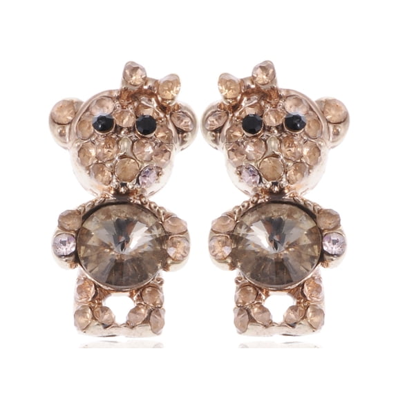 Brass Princess Girly Teddy Bear Bow Crystal Rhinestone Brown Earrings