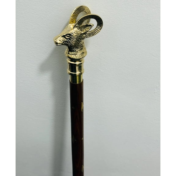 Brass Ram Head, Wooden Vintage Style Collectible Walking Stick Cane for Grandparents