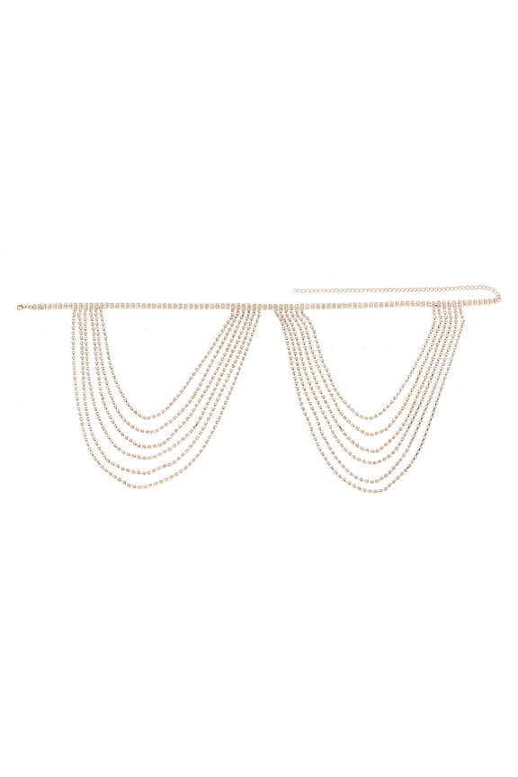 Brass Rhinestone Sexy Shoulder Bra Body Chain Multi-Layer Tassels Body Jewelry Arm Chain Summer Beach Bikini Shoulder Harness Golden 570mm 1pc/box