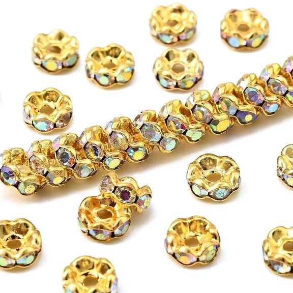 Brass Rhinestone Spacer Beads Grade A Wavy Edge Golden Metal color Rondelle AB 6x3mm Hole: 1mm