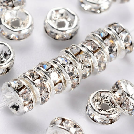 Brass Rhinestone Spacer Beads Grade AAA Straight Flange Nickel Free Silver color Plated Rondelle 4x2mm Hole: 0.8mm