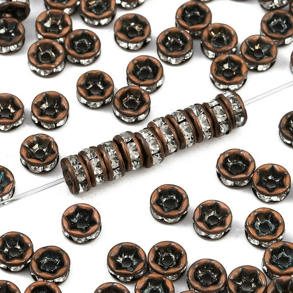 Brass Rhinestone Spacer Beads Grade AAA Straight Flange Red Copper Metal color Rondelle 5x2.5mm Hole:1mm