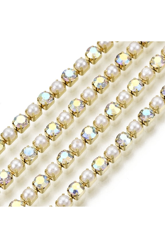 Brass Rhinestone Strass Chains with ABS Plastic Imitation Pearl Rhinestone Cup Chain Grade A Raw(Unplated) Crystal AB 2x2mm 4000pcs rhinestone/bundle about 32.8 Feet(10m)/bundle