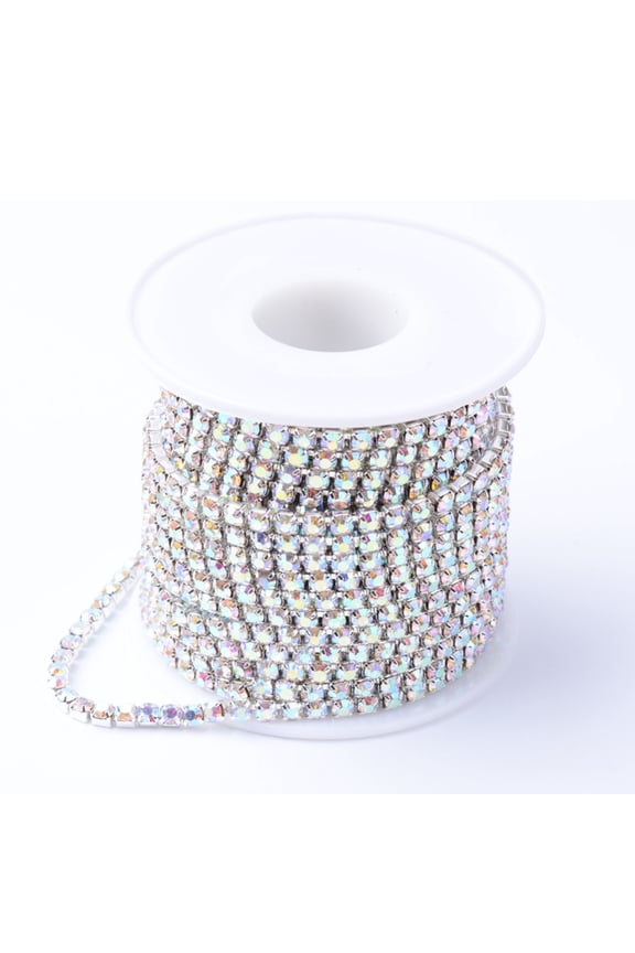 Brass Rhinestone Strass Chains Rhinestone Cup Chains with Spool Silver Color Plated AB 2mm about 10yards/roll DIY