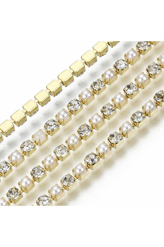 Brass Rhinestone Strass Chains with Plastic Imitation Pearl Rhinestone Cup Chains with Spool Golden SS6.5(2~2.1mm) 2~2.1mm 10yards/roll(9.14m/roll)