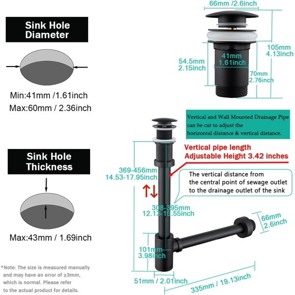 Brass Round Bottle P-Trap with Drain Stopper, 1 1/4 Adjustable Basin Sink Waste Drain Trap Kit Without Overflow, Matte Black