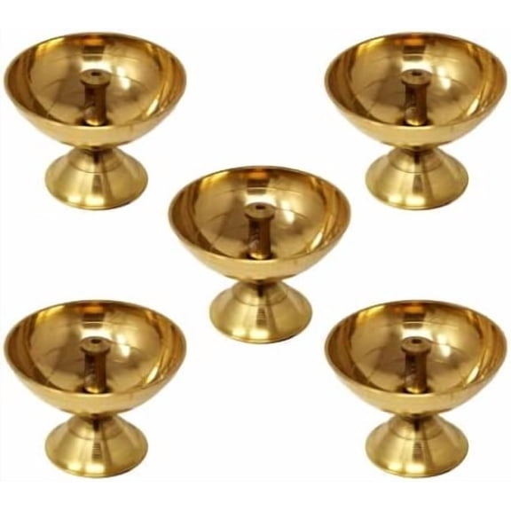 Brass Round Design Akhand Diya | Durable Oil Lamp/Diya/Deep/Deepak/Deepam/Pyali Diya For Pooja (Approx. Dia. 9.5 Cm, Set of 5)