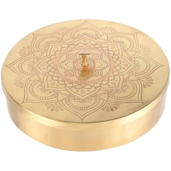 Brass Round Spice Box Masala Dabba-Spice Box Set With Spoon Container 90 ML Indian Masaladanni for Kitchen Counter With Spoon (Floral, 7 Inch)