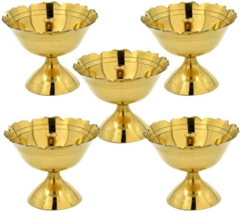 Brass Round Traditional Design Detachable Oil Lamp/Diya/Deep/Dhoop For Pooja (Approx. Dia. 6 Cm, Set of 5) Akhand Diya