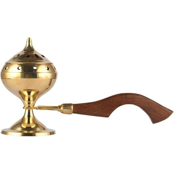 Brass Sambrani Stand Incense Burner Loban Dhoop Burner With Wooden Holder Form Termple Pooja- 8 Inch Length