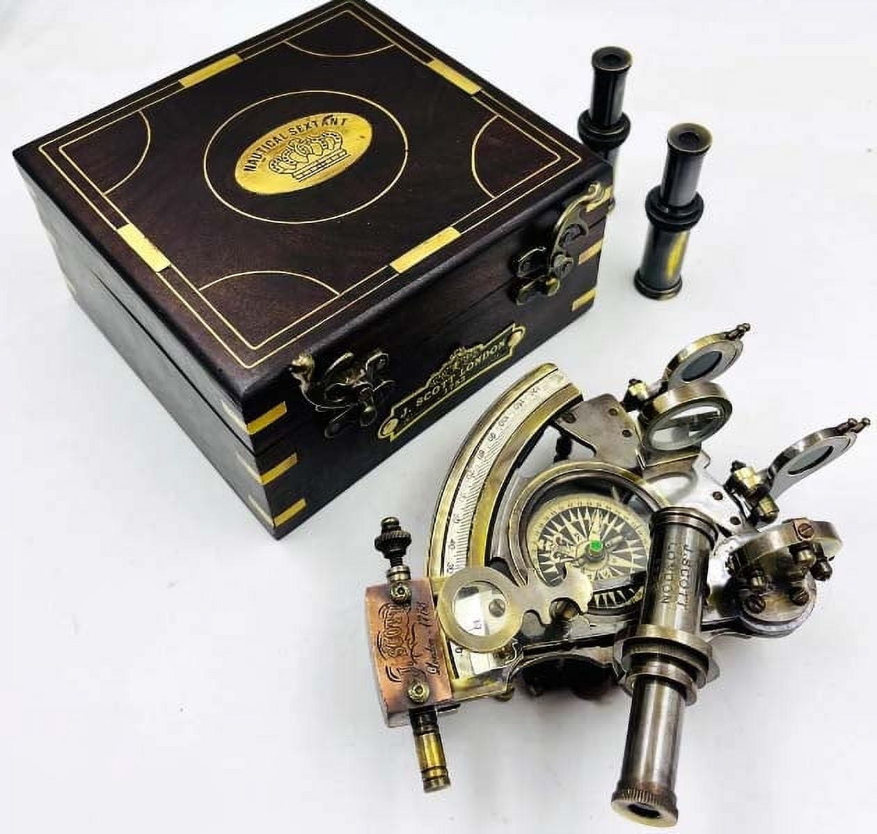 Brass Sextant Compass with Wooden Box Solid Nautical Sailing Maritime Marine Navy Functional Gift Decoration Christmas Present