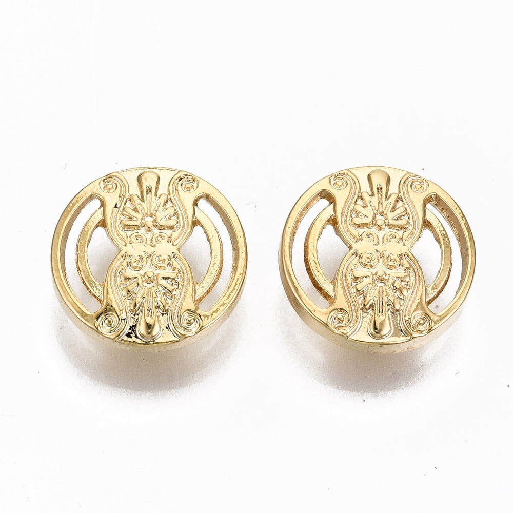 Brass Shank Buttons Nickel Free Hollow Flat Round with Flower Pattern Real 18K golden Plated 17x6mm Hole: 2mm