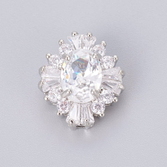 Brass Shank Buttons with Cubic Zirconia Cadmium Free Lead Free Flower Platinum Clear 14.5x12.6x7.5mm Hole: 1.2mm