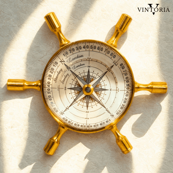 Brass Ship Wheel Compass with Floating Dial Polished Finish