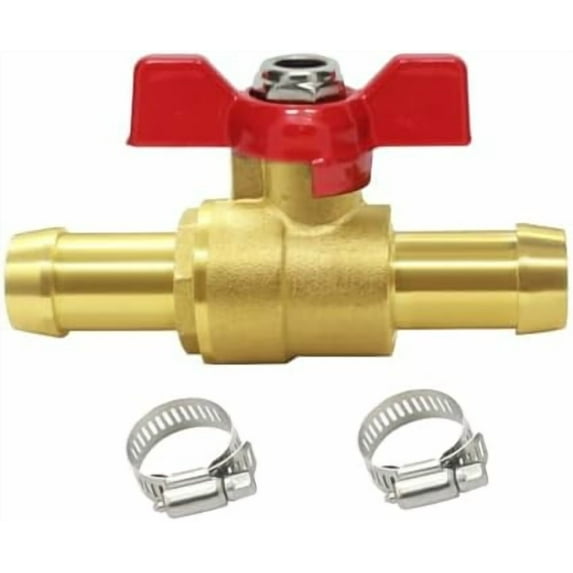 Brass Shut Off Valve 1" Hose Barb Ball Valve Red Switch with Clamps for Water Fuel Air$$Plumbing & HVAC