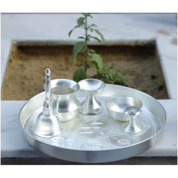 Brass Silver Ashtmangal Beeded Design Plated Pooja Thali/Prayer Plate Set (Approx. Dia. 8.1 Inch) with Silver Oil Lamp, Incense Holder, Katori, Kalash,handbell