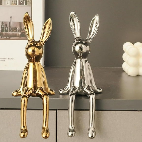 Brass Sitting Bunny, Ceramic Electroplate Rabbit Figurine, Sitting Gold Bunnies for Shelf, Easter Bunny Decorations, for Desk Cabinet Bookshelf Counter Home Hotel Bar Office Decor(Set-c)