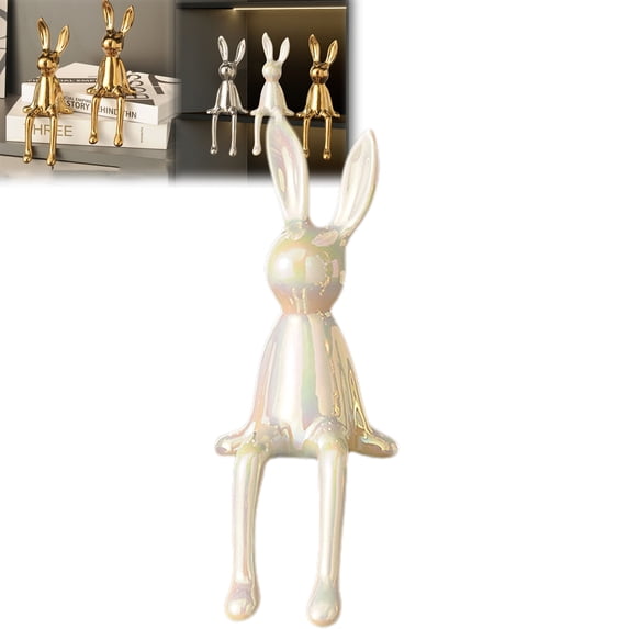 Brass Sitting Bunny, Sitting Bunny for Shelf, Ceramic Electroplate Rabbit Figurine, Easter Rabbit Sculpture, Collectible Bunny Statue for Living Room, Office Desktop, Cabinets, Bookshelf Decor(White 1