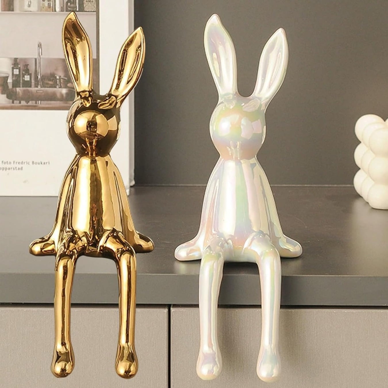 Brass Sitting Bunny, Sitting Gold Bunny for Shelf, Ceramic Electroplate ...