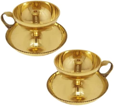Brass Small Akhand Diya/Oil Lamp/Deep/Deepak With Unique Holder (Approx. 8.2 x 8.2 x 5.1 Cm, Set of 2) Akhand Diya