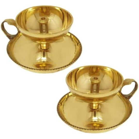 Brass Small Akhand Diya/Oil Lamp/Deep/Deepak With Unique Holder (Approx. 8.2 x 8.2 x 5.1 Cm, Set of 2) Akhand Diya