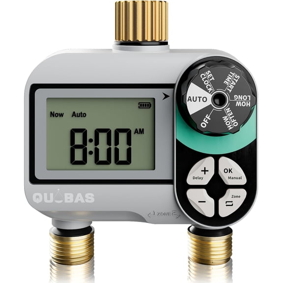 Brass Sprinkler Timer, Programmable Water Hose Timer for Garden Hose | 2 Zone Faucet Timer with Waterproof LCD Screen, Rain Delay/Manual/Automatic Irrigation Watering System for Garden, Lawn, Yard