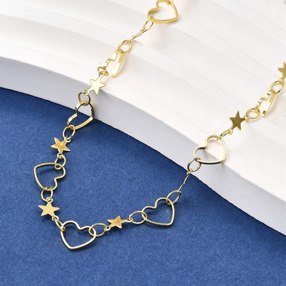 Brass Star Heart Link Chain Necklaces Lead Free & Cadmium Free Long-Lasting Plated Rack Plating Real 18K golden Plated 17.44 inch(44.3cm)