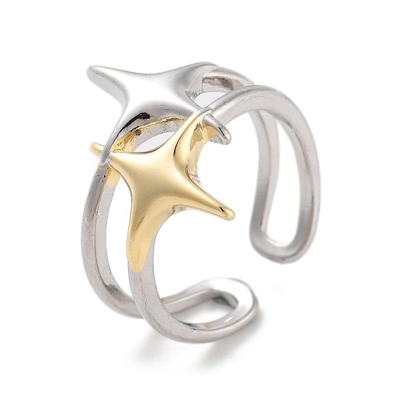 Brass Star Open Cuff Ring for Women Real 18K Gold Plated & Platinum 20mm Adjustable