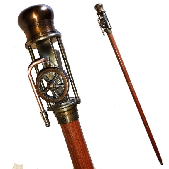 Brass Steam Engine Walking Stick, Wood Cane, Nautical, Marine, Steampunk Gift
