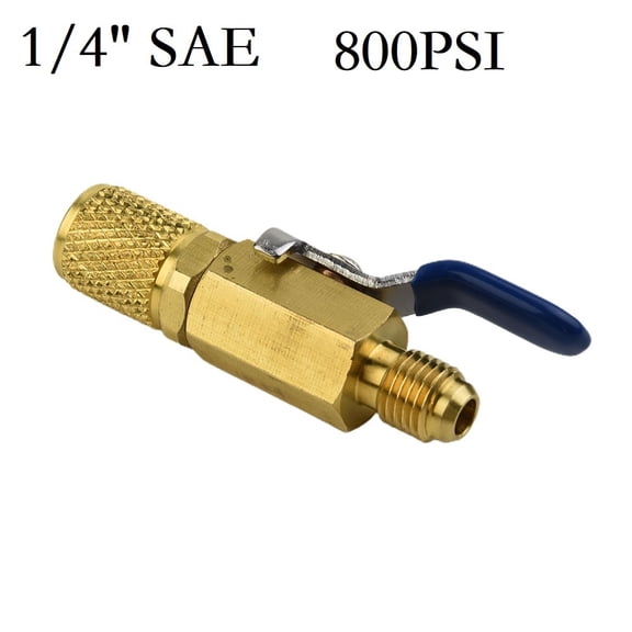 Brass Straight Ball Valve 1/4" SAE 800PSI for R410a AC Hose with Depressor HVAC Refrigeration Service Tool Red Blue Yellow