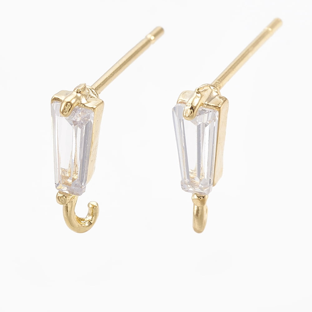 Brass Stud Earring Findings with Loop Real 18K Gold Plated with Cubic Zirconia Clear 10x3mm Hole: 1mm Pin: 0.7mm