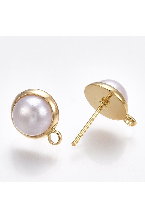 Brass Stud Earring Findings with Loop and ABS Plastic Imitation Pearl Half Round Real 18K Gold Plated 12.5x10mm Hole: 1.8mm Pin: 0.8mm