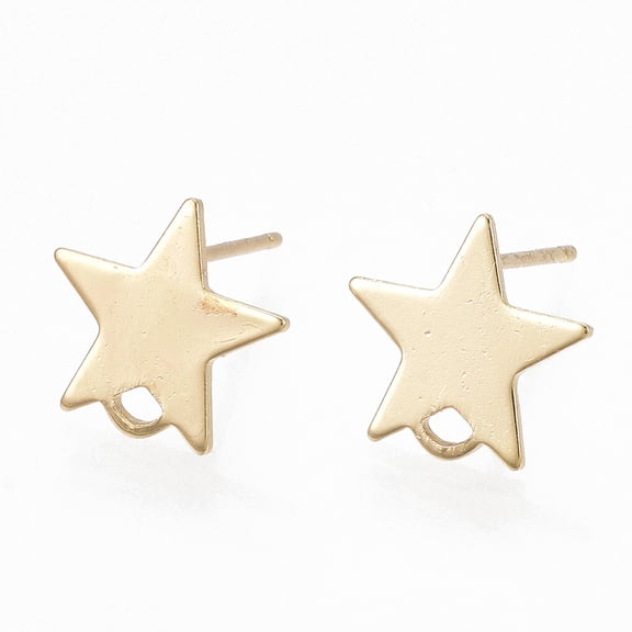 Brass Stud Earring Findings with Loop and Flat Plate Star Real 18K Gold Plated 11x11.5mm Hole: 1.2mm Pin: 0.7mm