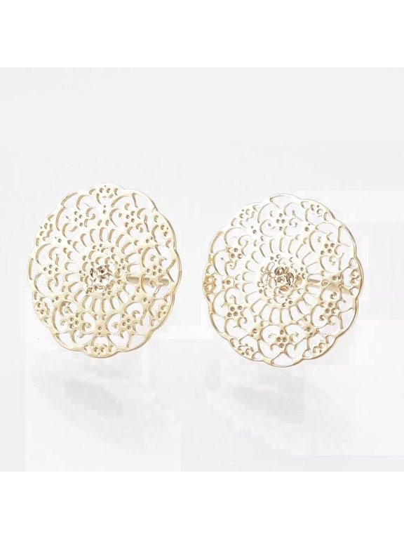 Gold Tone Filigree Flower Textured Stud Earrings Push Back Polished Surfaces P216