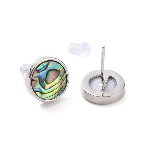 Brass Stud Earrings with Abalone Shell/Paua Shell and Ear Nuts Flat Round Platinum 11.5x2.5mm Pin: 0.8mm
