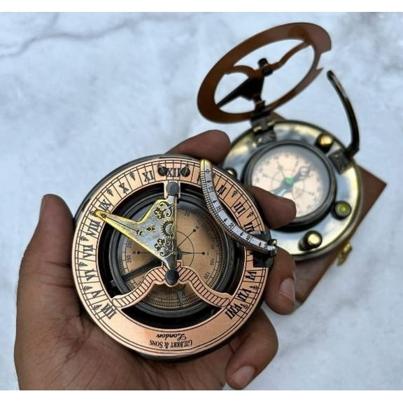 Brass Sundial Compass Black Antique Finish with Copper Lid | Personalized Wooden Box | Working Vintage Gift