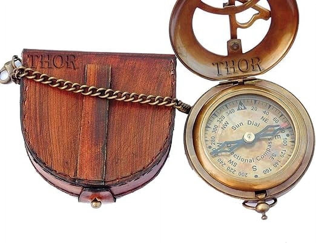 Brass Sundial Compass with Leather Case and Chain | Push Open Compass | Vintage Steampunk Accessory Pocket Compass | Beautiful Handmade Gift Sundial Clock | Antiquated Finish Pocket Compass