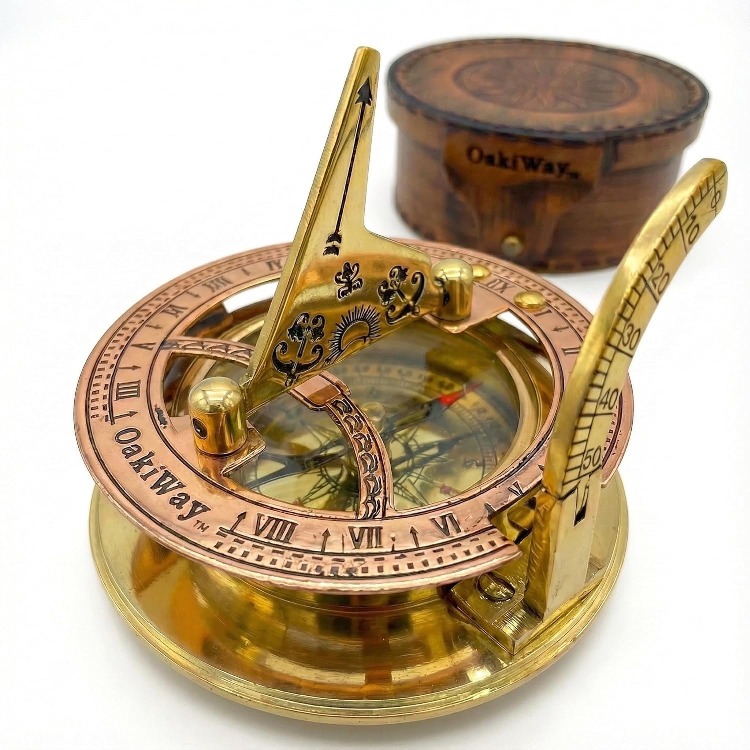 OakiWay Brass Sundial Compass in Leather Case - Nautical Gifts for Men, Antique Sailing Anniversary Gadget for Him, Pocket Watch Clock (2.7" Inch)