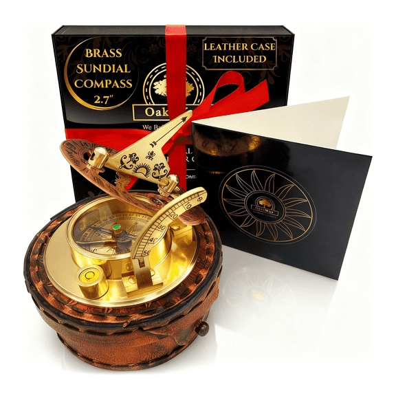 OakiWay Brass Sundial Compass in Leather Case - Nautical Gifts for Men, Antique Sailing Anniversary Gadget for Him, Pocket Watch Clock (2.7" Inch)