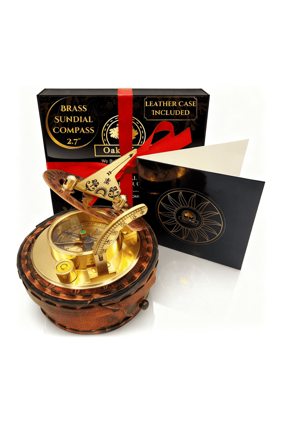 Brass Sundial Compass in Leather Case - Nautical Gifts for Men, Antique Sailing Anniversary Gadget for Him, Pocket Watch Clock (2.7" Inch)