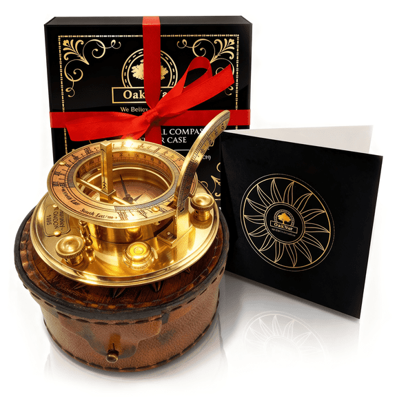OakiWay Brass Sundial Compass with Leather Case - Vintage Nautical Pocket Watch Clock Design, Antique Maritime Decor & Gift for Men, Sailors, Engineers, and Collectors - (4.1" inch)
