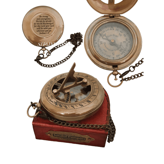 Brass Sundial Compass with Leather Case Personalized First Communion Gifts for Boys Compass, Baptism Gifts for House Decor, Confirmation Gifts for Teenage Directional Magnetic Sundial Compass